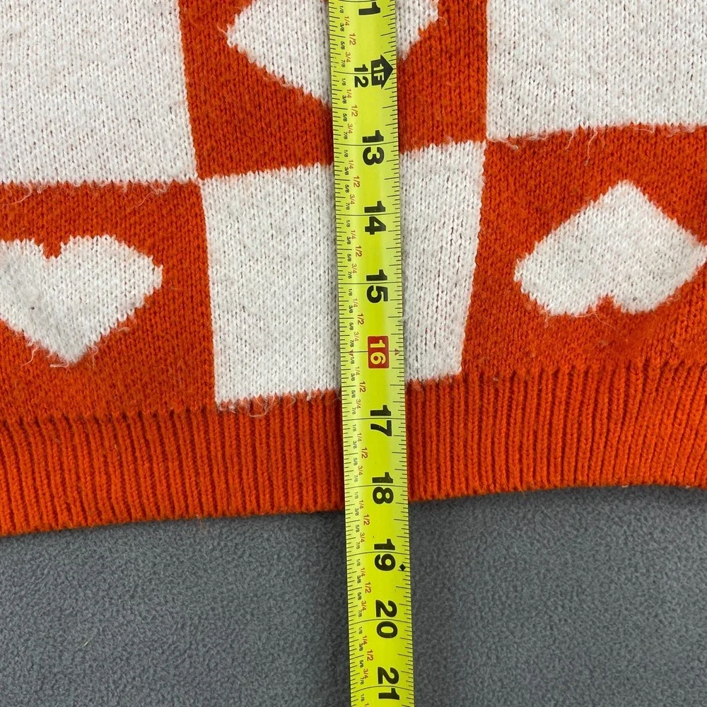 Topshop Cropped‎ Sweater Womens 8-10 White Orange Heart Check Tight Knit Ribbed